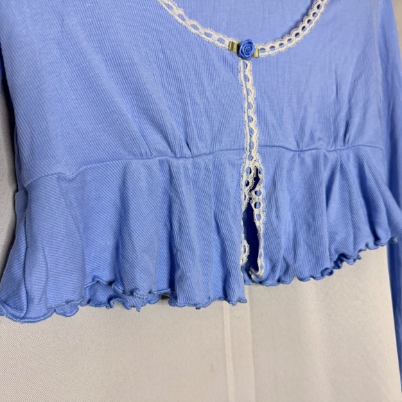 Out From Under Blue Lace Trim Ruffle Crop Top Long Sleeve Rosette Coquette XS - Picture 5 of 11